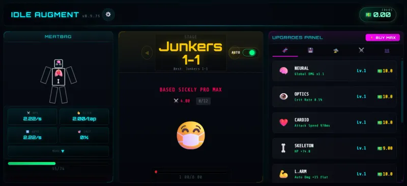 The game interface showing numerical growth, upgrade paths, and tactical augmentations.