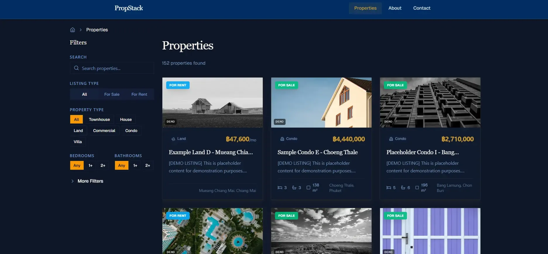 Search interface with advanced filtering options for property type and price range.