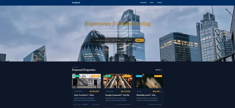 The home page of the platform showing featured luxury properties.