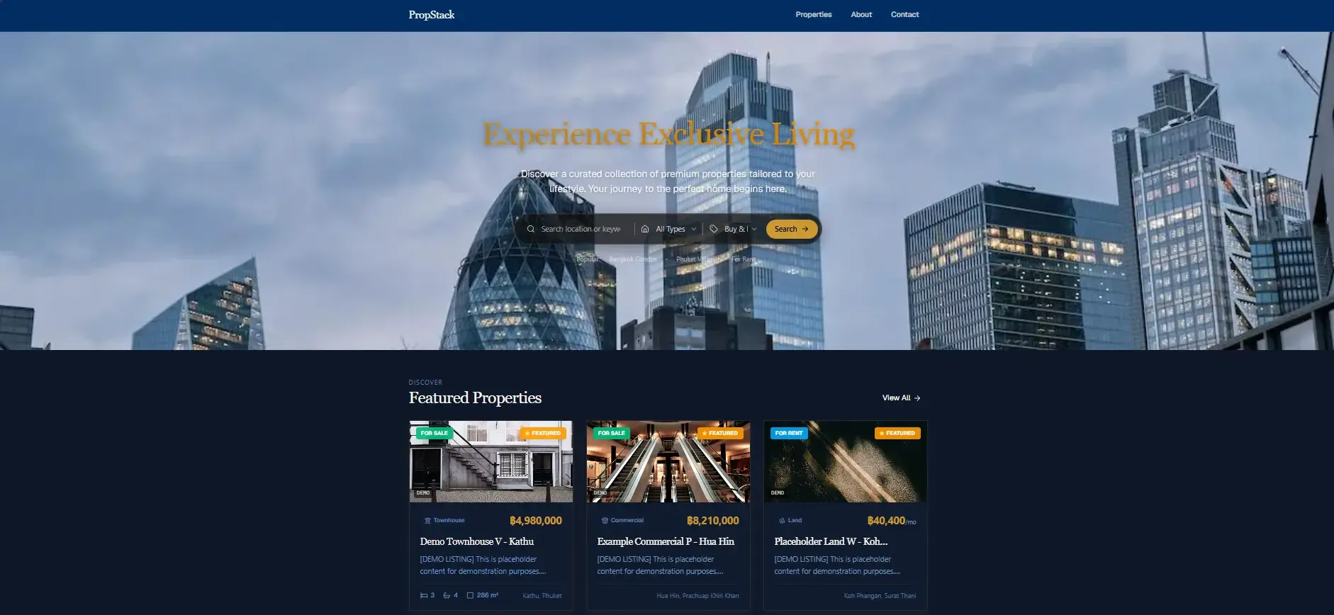The home page of the platform showing featured luxury properties.