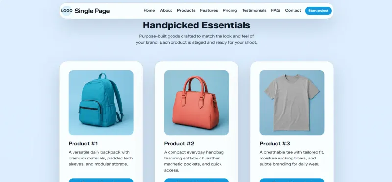 Preview of the modern single landing page showing a clean hero section and responsive layout.